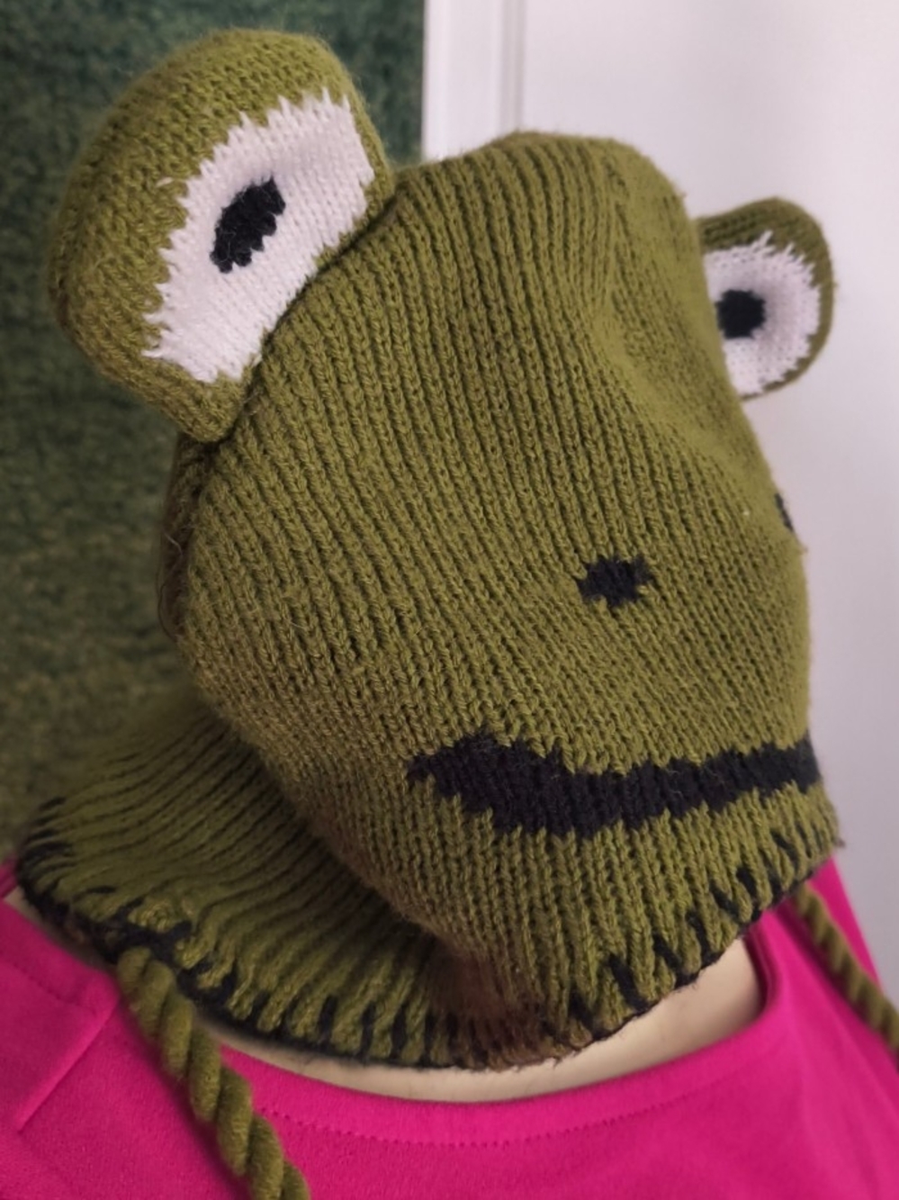 Kids Frog Knit Balaclava in Olive Green - Cute Ear Detail